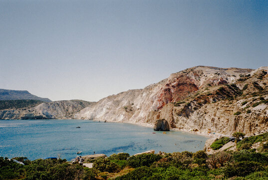 35mm film landscape of volcanic cliffs at Fyriplaka Beach on Milos