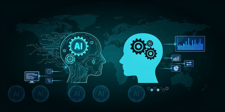 Artificial intelligence brain concept with digital gears and human head silhouette graphics.