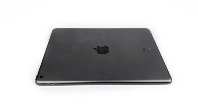 Kediri, East Java, Indonesia &ndash; August 21, 2026: Back View of Black Apple iPad with Logo and Camera on White Background