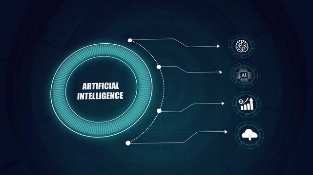 Artificial intelligence technology concept with futuristic HUD interface elements, data analytics growth symbols, cloud computing network background.