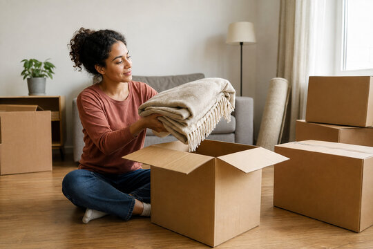 Young woman unpacking in her new apartment