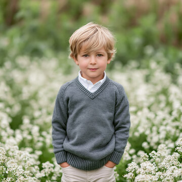 Child standing in a blooming outdoor field, looking at the viewer. Boy showing innocence, happiness, and natural childhood