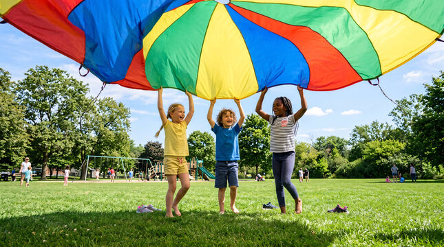 Three joyful children, arms raised in unison, hold a large, colorful parachute during an outdoor activity in a park, their faces alight with fun and camaraderie.