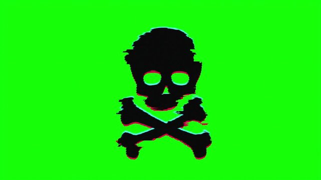 Glitchy skull and crossbones icon on green screen. Distorted pirate symbol with digital noise. Gritty hacker warning sign for video editing.