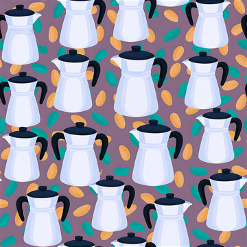 Seamless coffee carafe pattern with colorful coffee beans