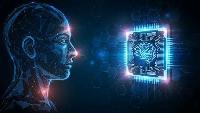Digital human head profile with glowing brain chip representing artificial intelligence