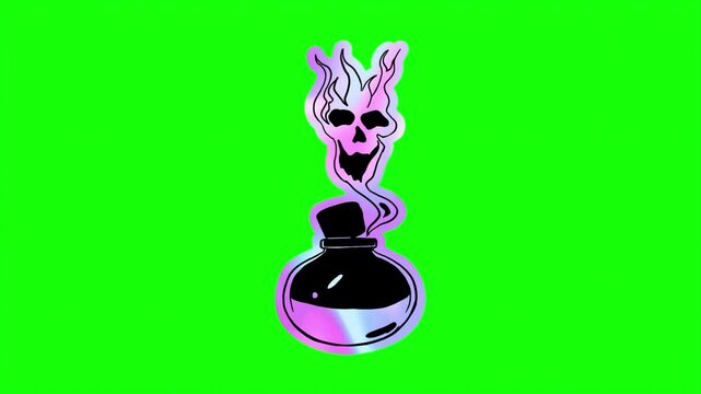 Poison potion bottle with skull smoke, magic elixir flask animation, mystical purple liquid on green screen, spooky alchemy vessel