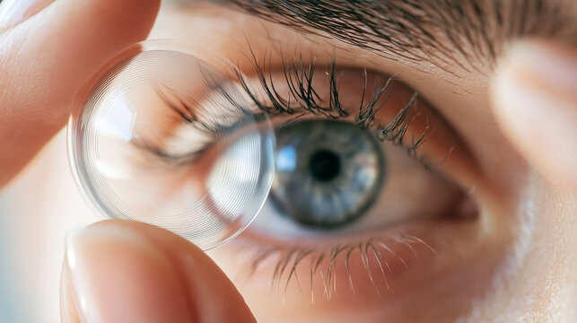 Person applying contact lens to eye, managing vision correction for clear sight and eye health