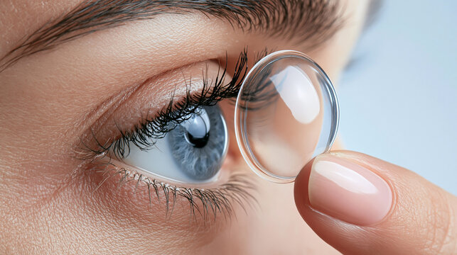 Female hand holding transparent soft contact lens, preparing to insert it into a clear blue eye, improving vision