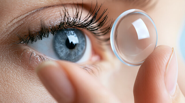 Close up of a woman's finger holding a contact lens, preparing to insert it into her blue eye for clear vision