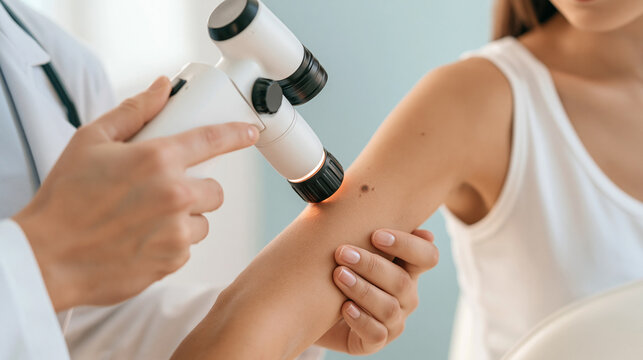 Dermatologist using dermatoscope examining mole on patient arm during skin cancer checkup and medical screening