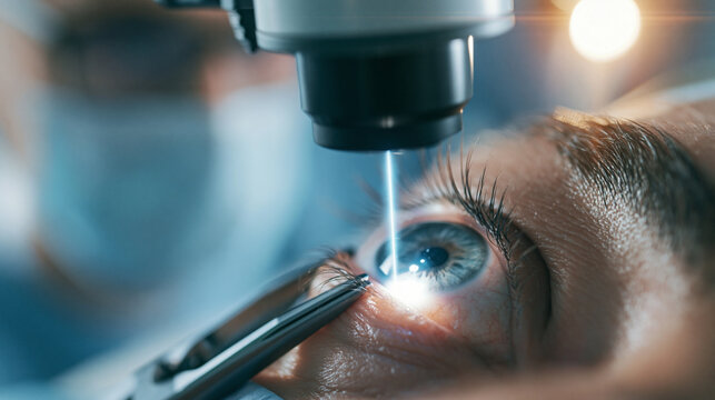 Close up of a blue eye during laser surgery, a modern medical device emitting a blue light beam for vision improvement