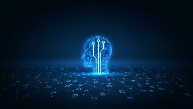 Artificial Intelligence head silhouette with digital circuit board network on dark background
