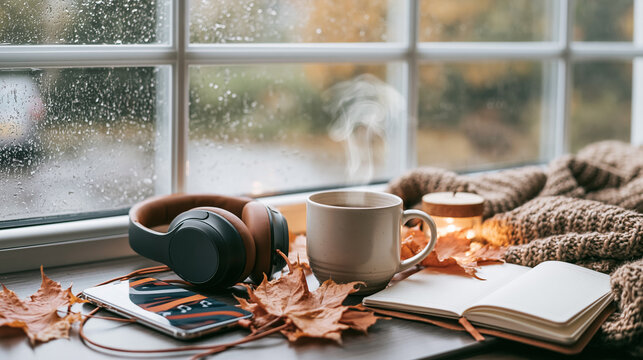 Relaxing autumn mood with hot coffee, headphones, smartphone, and notebook by a rainy window, creating a cozy atmosphere