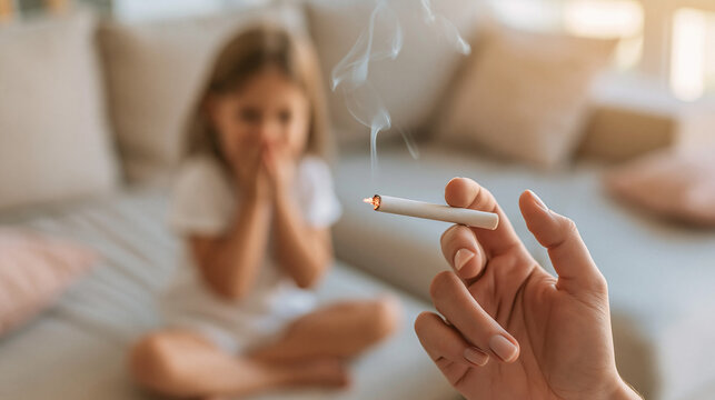 Child suffering from passive smoking, covering mouth from secondhand smoke exposure, health risk for kids at home