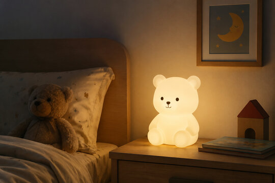 A soft-glow nightlight illuminating a quiet bedroom corner with warm ambiance.