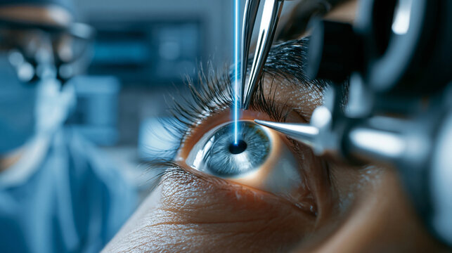 Patient receiving advanced laser vision correction surgery, an ophthalmologist performing a high tech medical procedure