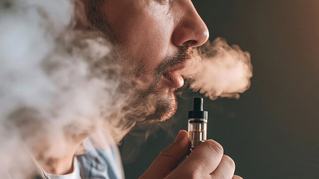 Man exhaling vapor from a personal vaporizer, illustrating modern lifestyle choices and smoking cessation alternatives