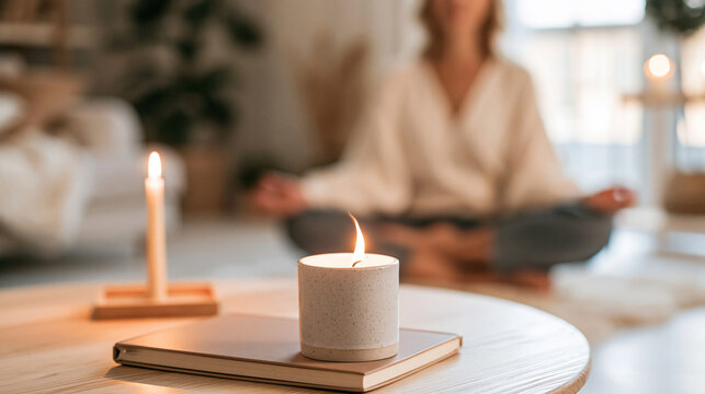 Woman meditating in lotus pose in a calm living room, practicing mindfulness near a burning candle for inner peace