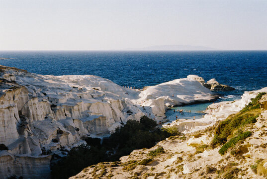 35mm film landscape of white volcanic rocks at Sarakiniko Beach