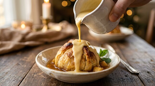 Freshly baked apple dumpling with warm vanilla sauce poured over on a rustic wooden table, perfect for national apple dumpling day
