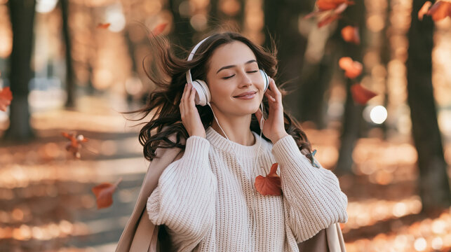 Woman enjoying music in autumn park, wearing headphones, eyes closed, smiling, feeling relaxation and freedom