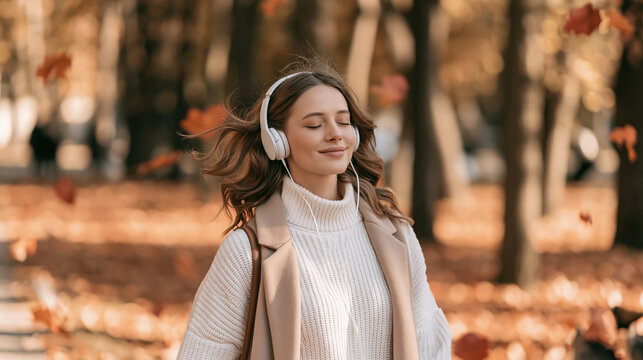 Woman enjoying music in autumn park, eyes closed feeling wind, falling leaves surrounding her