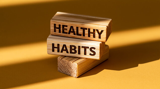 Building healthy habits with stacked wooden blocks, a routine for wellness and self improvement