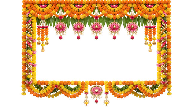A beautiful marigold garland floral toran for diwali decoration and indian wedding decoration during an indian festival as traditional indian decor