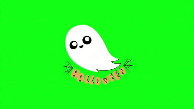 Cute cartoon ghost animation on green screen. Halloween greeting with floating white spirit. Kawaii spooky character for holiday video.
