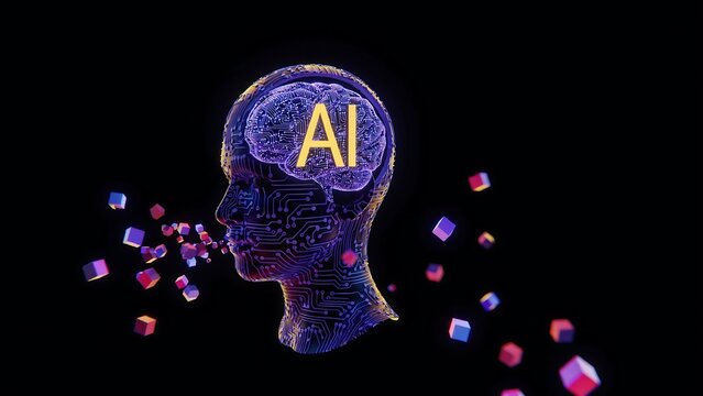 Artificial intelligence brain concept with digital neural network and data cubes