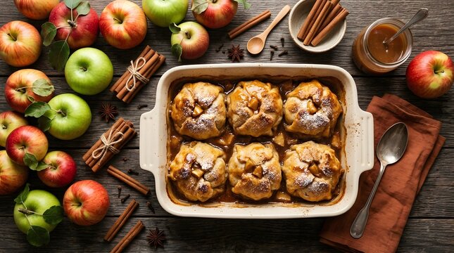 Freshly baked apple dumplings in a ceramic baking dish on a rustic wooden table background, perfect for national apple dumpling day