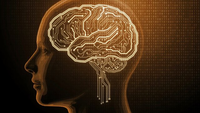 Human head silhouette with digital circuit board brain representing artificial intelligence.