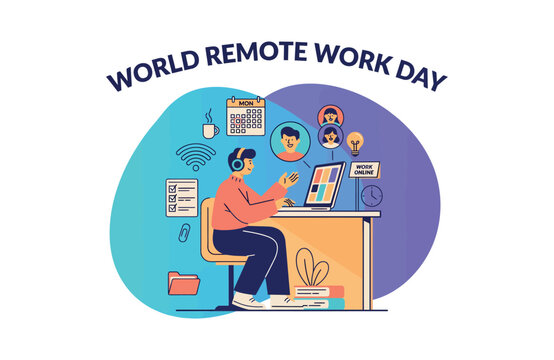 World remote work day illustration featuring a person working on a laptop at a desk, work from home