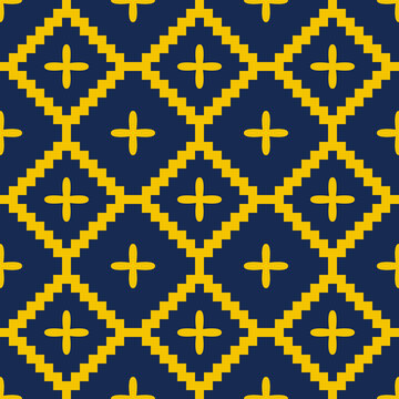 Blue and Yellow Seamless Diamond Floral Zigzag Pattern, 