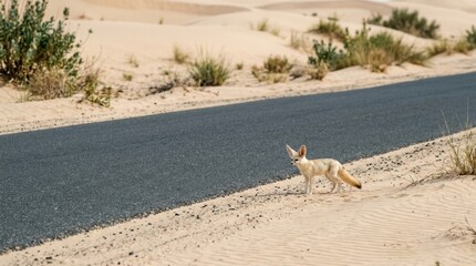 Naklejka premium Desert Wanderer: A lone fox cautiously crosses a paved road through the arid desert landscape, with sand dunes and sparse vegetation creating a stark, beautiful environment.