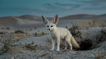 Naklejka premium Desert Dweller: A fennec fox with large ears stands alert on the sand dunes, its small frame adapted to the arid desert environment, with soft twilight colors painting the sky.