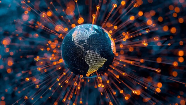 Generative AI visualization of a digital Earth with luminous data streams