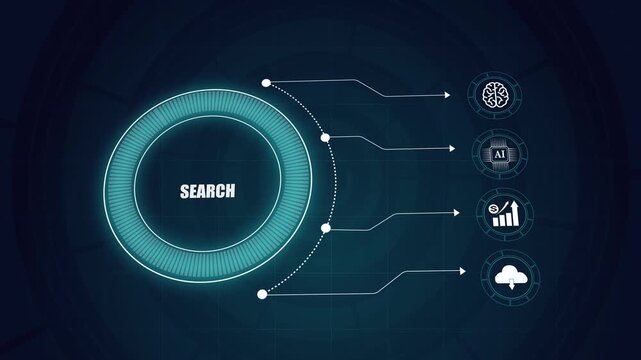 Search engine interface background with artificial intelligence icons, modern futuristic technological digital network concept, glowing infographic HUD display.