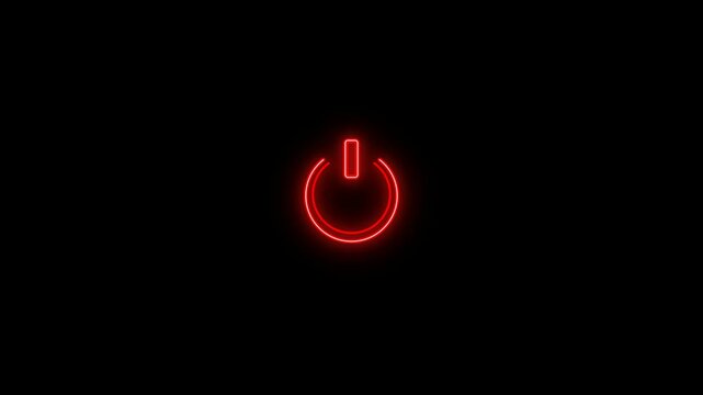 Glowing red power button neon sign glowing brightly in the dark isolated on a black background