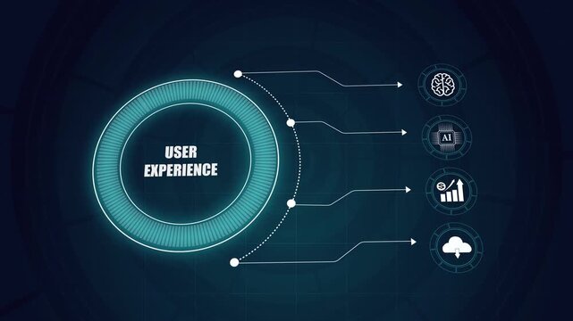 User experience interface background with artificial intelligence icons, modern futuristic technological digital network concept, glowing infographic HUD display.