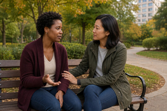 Female friends having a supportive conversation in a park