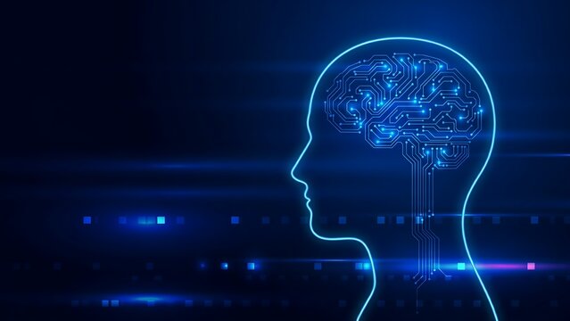 Artificial intelligence concept with glowing digital human head and circuit board brain.