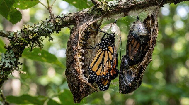 Butterfly cocoon hanging from mossy tree branch, monarch insect demonstrating natural metamorphosis, orange wing emerging from shiny translucent pupa shell during wild forest eclosion development.