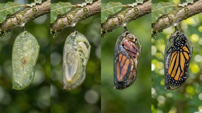 Butterfly cocoon development sequence demonstrating insect life cycle, transparent chrysalis transformation stage on green branch, orange monarch wing formation, biological growth process.
