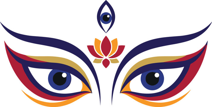 Colorful goddess durga eyes illustration with third eye and lotus flower Vector
