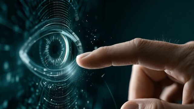 Human finger touching futuristic digital eye interface for biometric security and AI technology
