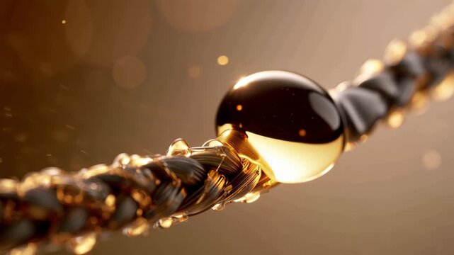 Macro braided cable with golden liquid coating and warm glowing bokeh background