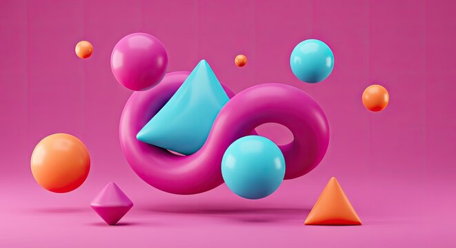 Colorful abstract geometric shapes floating in gradient background.