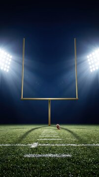 Commercial high-resolution photo of american football on the field at night with goal post and stadium lights in the background view at ground level.